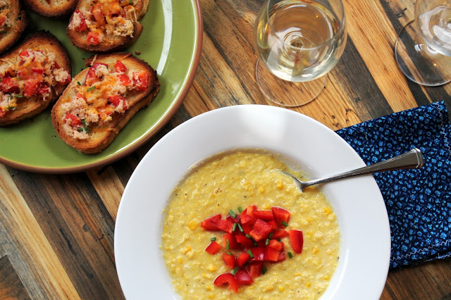 Corn Chowder with Crab & Red Pepper Crostini